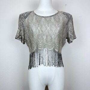 Vintage Shirt Womens Fourteen 80s Cropped Top Fringe Lace Sheer Boho Retro USA